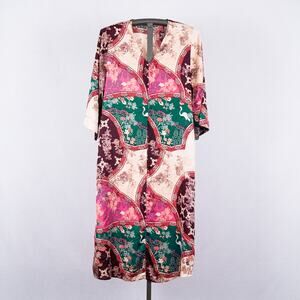 NATORI Asian Inspired Satin Caftan Kaftan Zip Nightgown SMALL Bird Flower Crane